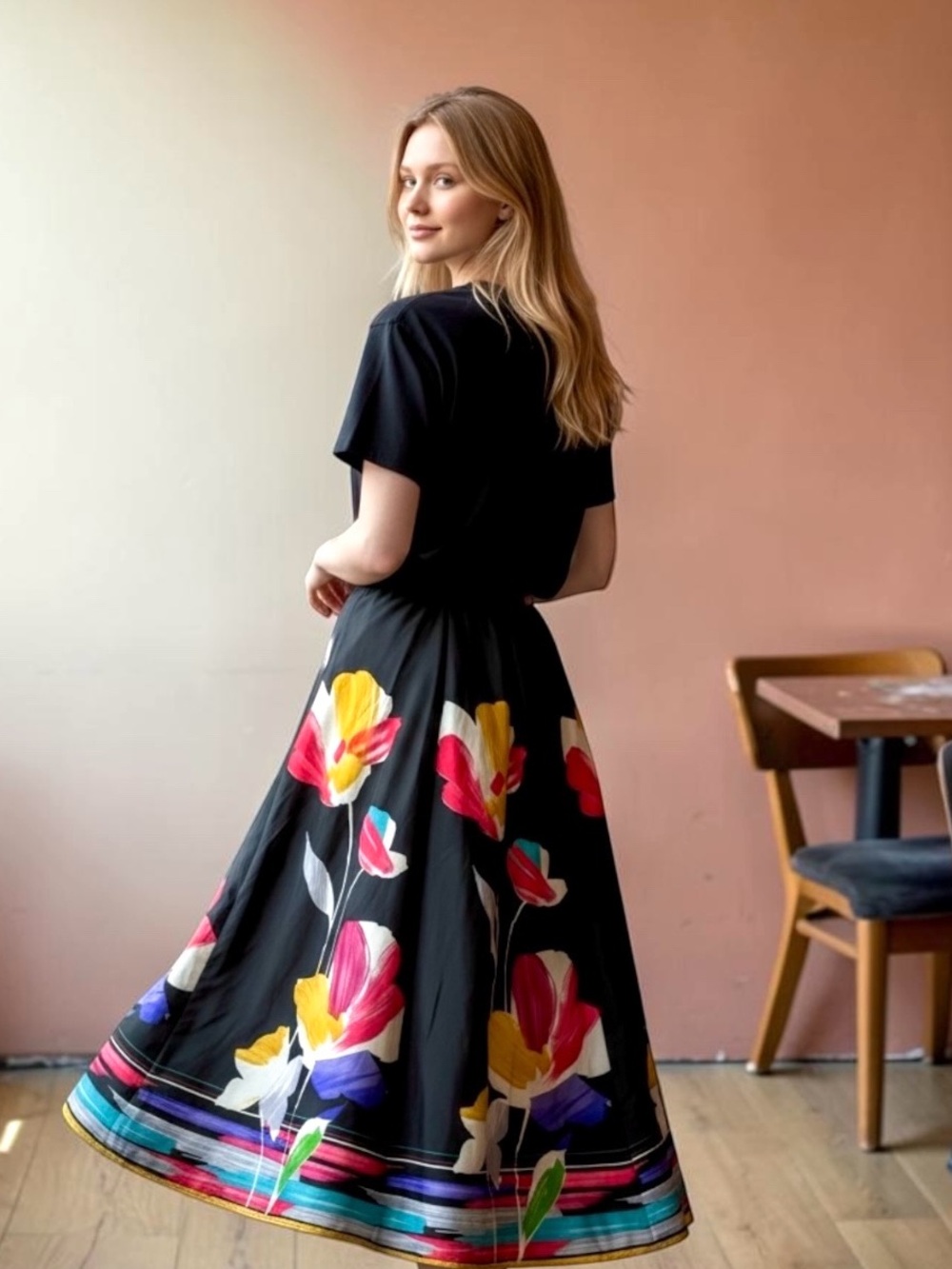 Modx Black Floral Maxi Skirt with Multicolor Border, SZ 2X